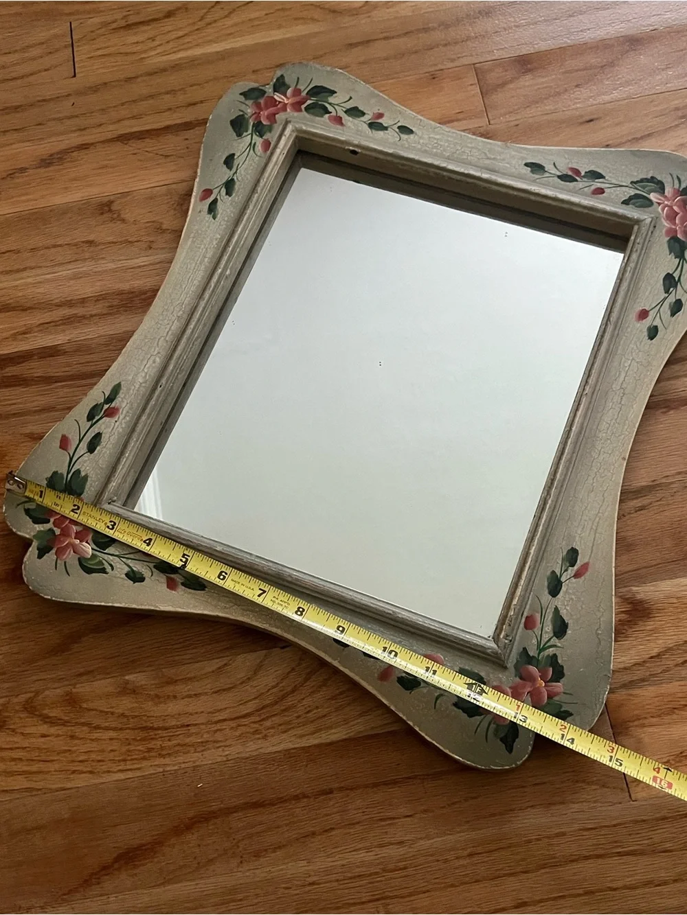 Vintage Hand-Painted Floral Square Wall Mirror - Cream with Pink & Green cottage